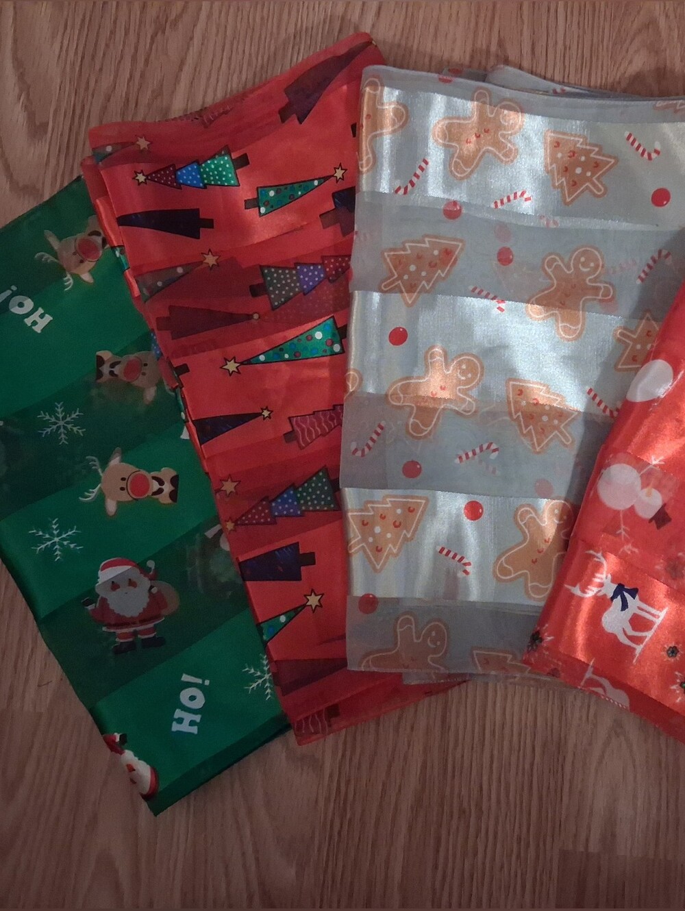 Silk Like Christmas Scarves. Set Of 4. Womens. Red, Green, Silver.
